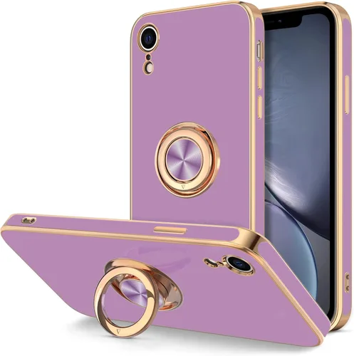 Miniatura 8 de Hython Funda para iPhone XR con soporte de anillo [soporte de anillo giratorio de 360° con soporte magnético] chapado en oro rosa brillante borde