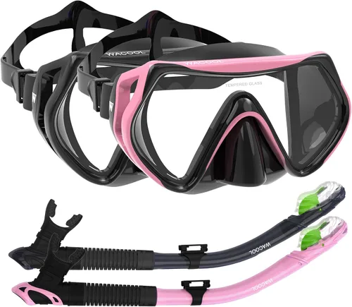 WACOOL Juego de buceo profesional con válvula de purga de vidrio recubierto antivaho y pieza de boca de silicona antisalpicaduras para hombres y