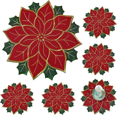 Miniatura 9 de Juego de manteles individuales de Navidad de 16 pulgadas, manteles individuales de flor de pascua con bordados y hojas verdes, manteles individuales