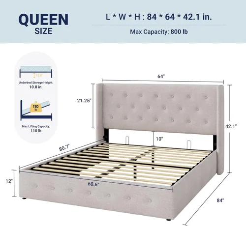 Miniatura 2 de Allewie Cama de almacenamiento elevable tamaño Queen, cabecero capitonado con botones con respaldo de ala, soporte hidráulico, no necesita somier