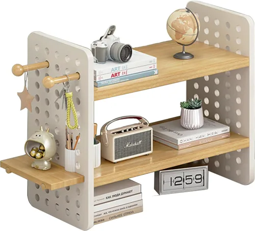 Organizador de escritorio de madera, estantería de escritorio de 2 niveles para suministros para el hogar y la oficina, organizador de escritorio de