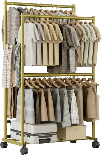 Miniatura 11 de Perchero de ropa de 36.2 x 21.3 x 72 pulgadas, 4 barras de doble barra de metal con ruedas para colgar ropa, perchero portátil con ruedas para Negro