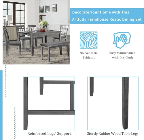 Miniatura 6 de Juego de mesa de comedor de madera de 6 piezas, juego de mesa de cocina con rectangular, juego de mesa de comedor con banco tapizado y 4 sillas