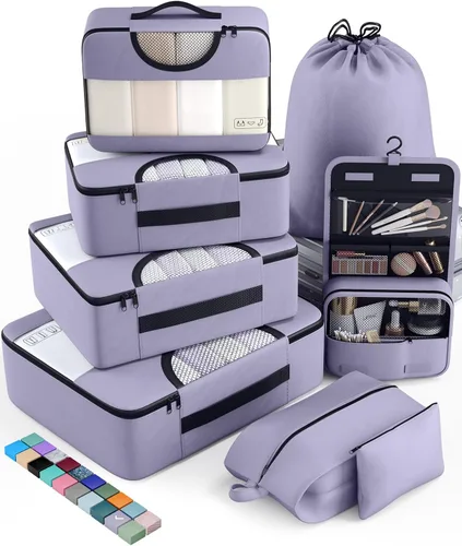 Veken Juego de 8 cubos de embalaje para artículos esenciales de viaje, bolsas organizadoras de maleta en 4 tamaños, accesorios de equipaje de mano