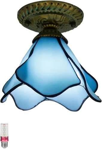 Lámpara de techo estilo Tiffany, lámpara de techo de flores antiguas, lámpara de cristal de colores para pasillo y dormitorio en color azul