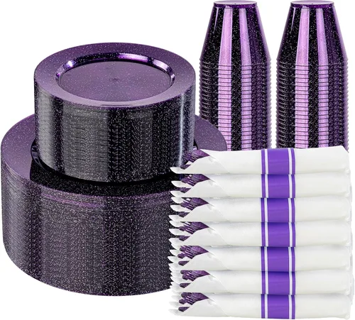 Miniatura 23 de DaYammi 350 piezas de platos de plástico azules y blancos desechables para fiestas, incluyen 50 platos de cena, 50 platos de postre, 50 servilletas