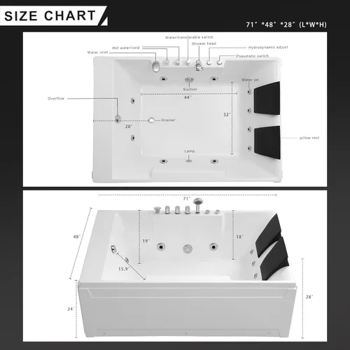 Miniatura 5 de Empava Bañera de hidromasaje de 72 x 48 pulgadas para pareja, bañera de hidromasaje de 1125 W con luz, hidromasaje, cromaterapia, certificado ETL