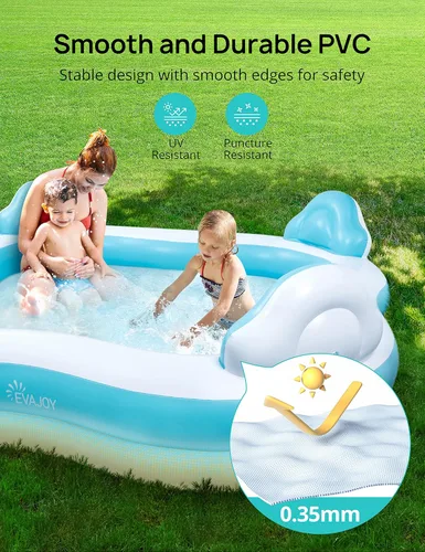 Miniatura 6 de EVAJOY - Piscina inflable para niños, adultos, piscina sobre el suelo de tamaño familiar con 4 asientos, 4 respaldos, portavasos, para patio