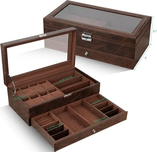 Miniatura 2 de TomCare Caja de reloj de 2 niveles para reloj, caja organizadora de joyas con tapa de vidrio gruesa, organizador de relojes, soporte para exhibición
