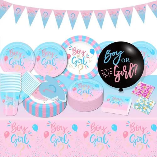 Miniatura 3 de Decoraciones de revelación de género, suministros de fiesta de baby shower, 124 piezas, platos de papel, vasos, servilletas, manteles, globo negro