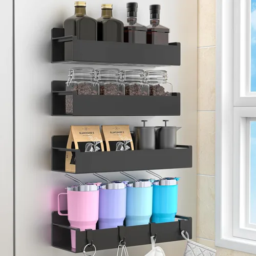 HuggieGems Paquete de 4 organizadores magnéticos para especias para refrigerador y horno, organizadores negros para nevera y almacenamiento para