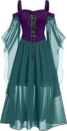 Vestido gótico renacentista para mujer, disfraz de Halloween, hombros descubiertos, encaje y manga de trompeta, vestido medieval steampunk