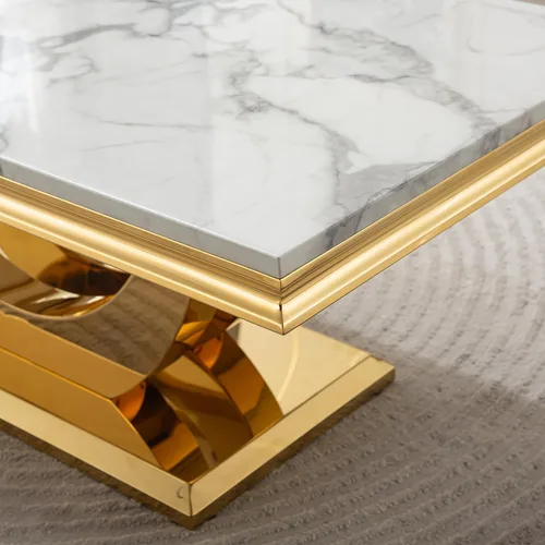 Miniatura 5 de SSLine Mesa de Centro Rectangular de Mármol Sintético para Sala de Estar, Mesa Central Moderna de Mármol Blanco de Lujo con Base Doble en Forma de U