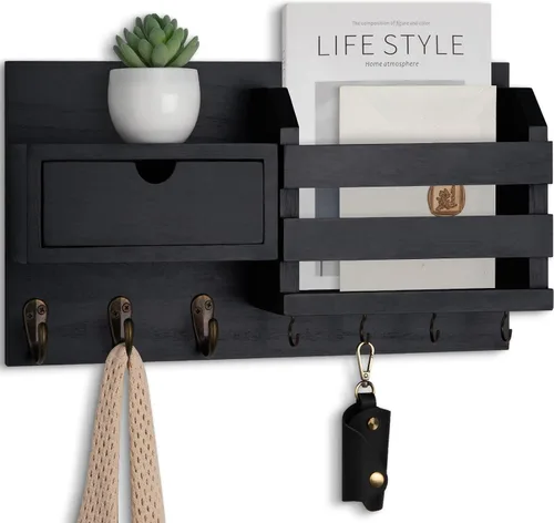 Lwenki Organizador de llaves y correo de pared con cajón de almacenamiento, 100% madera de Paulownia, 7 ganchos de metal, decoración del hogar para