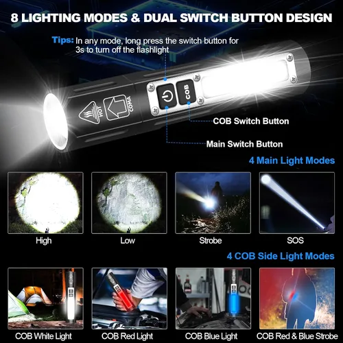 Miniatura 4 de Pequeñas linternas magnéticas LED recargables de 20000 lúmenes altos, linterna potente de bolsillo de haz largo súper brillante, 8 modos con luz