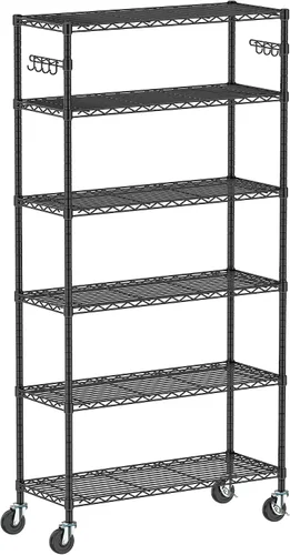 Miniatura 8 de Folews Estante de almacenamiento de metal de 6 niveles con ruedas, estante de alambre ajustable resistente NSF para garaje, cocina, despensa
