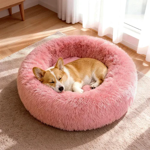 Miniatura 10 de Cama para perros en forma de dona, tamaño mediano, camas redondas para perros y gatos pequeños y medianos con piel sintética esponjosa lavable, Gris