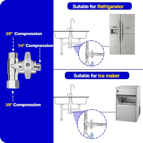 Miniatura 4 de Válvula de Parada en T - 0.95 cm Comp x 0.95 cm Comp x 0.63 cm Comp Válvula Add-A-Tee de Latón, Adaptador de Alimentación de Agua para Refrigerador