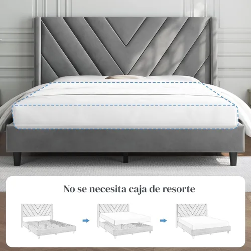 Miniatura 8 de Yaheetech Armazón de Cama Full Tapizado Cama de Plataforma con Cabecera Acolchada con Alas Laterales/Soporte de Listones de Madera Resistente/No