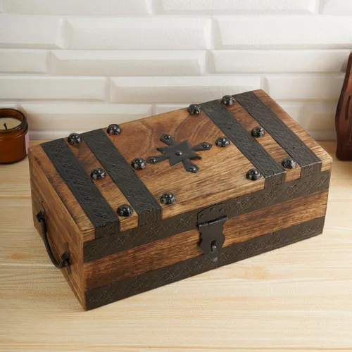 Ajuny Cofre del tesoro de madera hecho a mano, caja de recuerdo vintage y joyería con tiras de concha, almacenamiento de regalo multiusos para