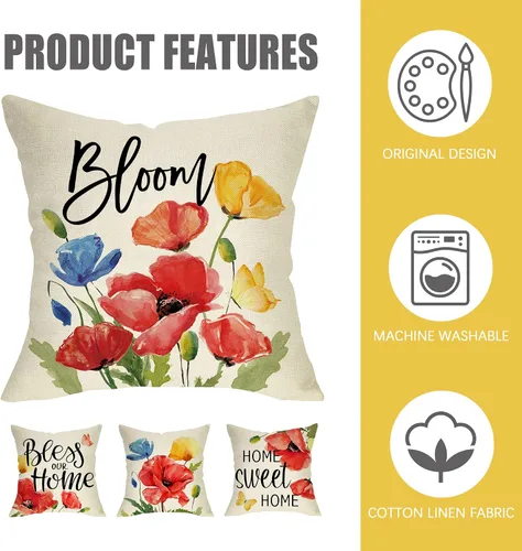 Miniatura 3 de Fahrendom Juego de 4 fundas de almohada decorativas de flores florales de 16 x 16 pulgadas, funda de cojín para sofá o sillón, primavera y verano