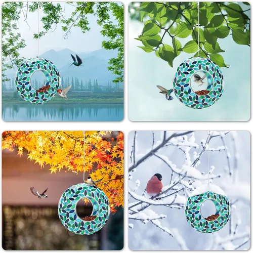 Miniatura 9 de VCUTEKA Comedero de mosaico para pájaros para colgar en el exterior con recipiente de vidrio de forma redonda para atraer más aves silvestres
