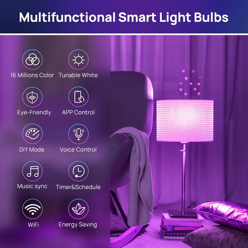 Miniatura 8 de Consciot - Foco LED inteligente, bombilla WiFi que cambia de color A19 E26 compatible con Alexa y Google Home, equivalente a 60 W, sincronización