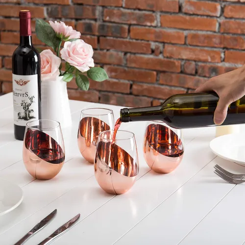 Miniatura 2 de MyGift Juego de 4 copas de vino sin tallo - Barware moderno con acento en cobre, elegantes copas para bodas y celebraciones con acabado metálico