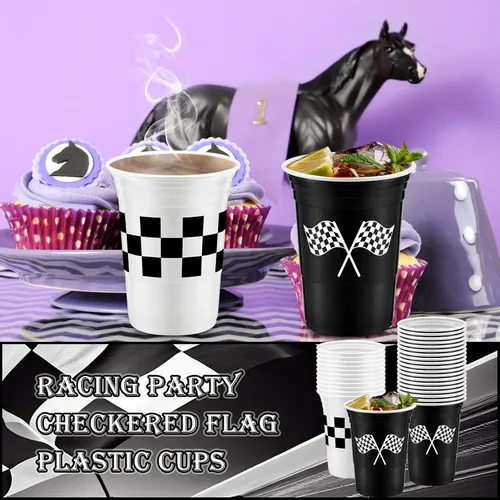 Miniatura 6 de Norme 48 vasos de plástico a cuadros para fiestas de carreras a granel de 16 onzas, desechables con bandera a cuadros, tazas gruesas de color blanco