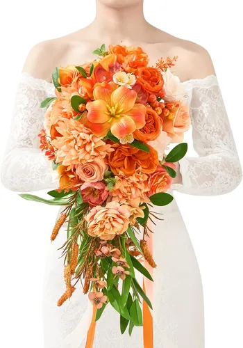 Miniatura 19 de Serwalin Ramos de boda de 9.8 pulgadas para novia y dama de honor, peonías rosa empolvado, ramos de flores de novia para boda, ramo de lanzamiento