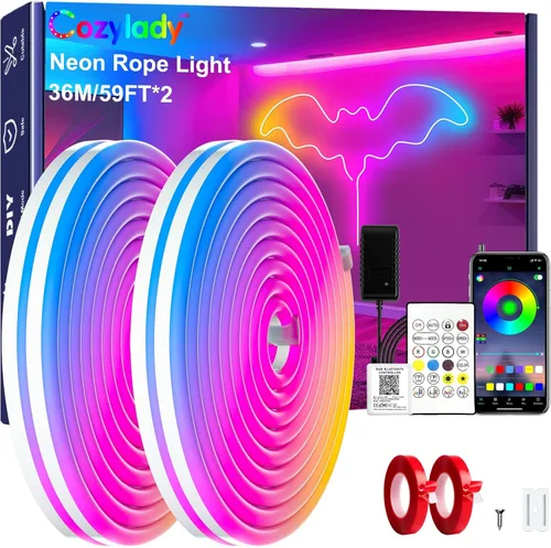 Miniatura 13 de Cozylady 40 pies (20 pies * 2 rollos) luces de cuerda LED RGB de neón para dormitorio, lámpara de tira LED de 12 m con cinta adhesiva de doble cara