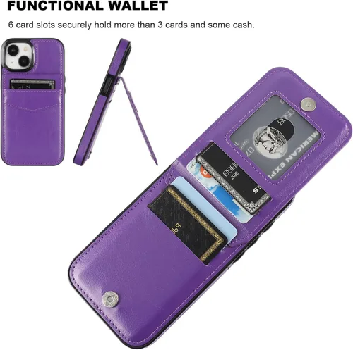 Miniatura 4 de KIHUWEY Funda compatible con iPhone 15 con soporte para tarjeta de crédito, cierre magnético de cuero de alta calidad, función atril, funda Violeta