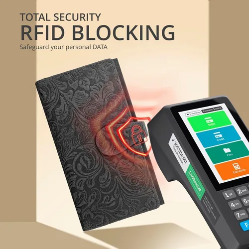 Miniatura 5 de Cartera de cuero genuino para mujer de cuero con bloqueo RFID - Tarjetero triple de diseñador para damas tipo clutch con ventana de identificación