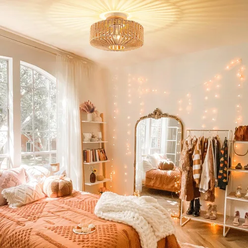 Miniatura 3 de Lámpara de Techo de Ratán Boho - Mini Candelabro de Montaje Empotrado Accesorio de Luz Tejido para Dormitorio, Pasillo, Entrada, Baño, Guardería