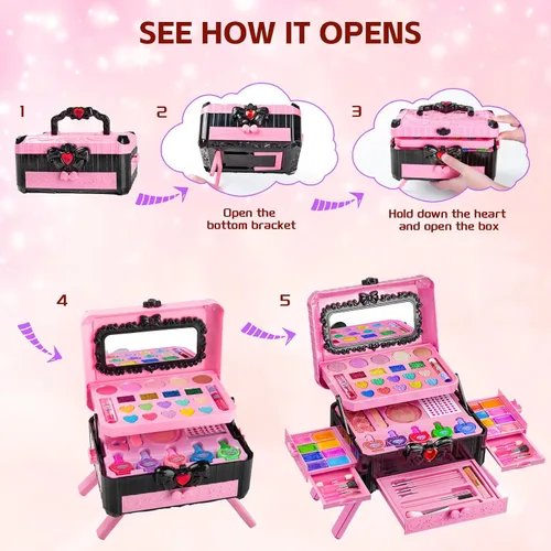 Miniatura 5 de Juegos de maquillaje para niñas - Juguetes de maquillaje lavables para niños pequeños con espejo, mesa de vestir con soporte, juegos de maquillaje