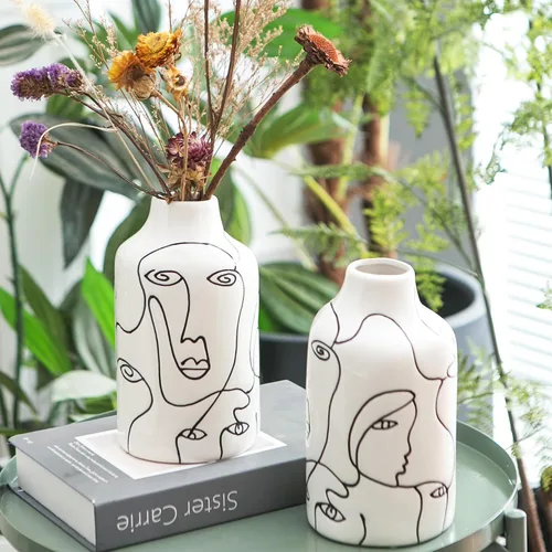 Miniatura 2 de Kimdio Juego de jarrones de cerámica, 2 jarrones de flores de diseño irregular abstracto blanco, decoración moderna del hogar, decoración de sala