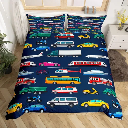 Miniatura 15 de Erosebridal Juego de funda de edredón de tren de dibujos animados para niños, color rojo y azul, funda de edredón de vehículos para niños