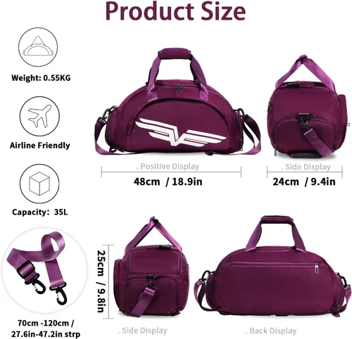 Miniatura 3 de FIORETTO Bolsa de deporte para hombre con bolsillo húmedo y compartimento para zapatos, ideal para viajes, gimnasio, deportes, natación, B-Morado