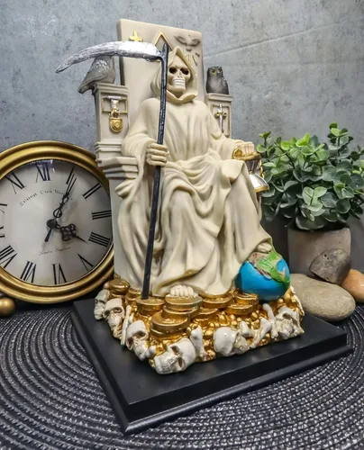 Miniatura 8 de Ebros Túnica blanca Santa Muerte Santa Muerte Hueso Sagrado Madre sentada en el trono con guadaña Estatua Patrón de Protección Sanación Pureza