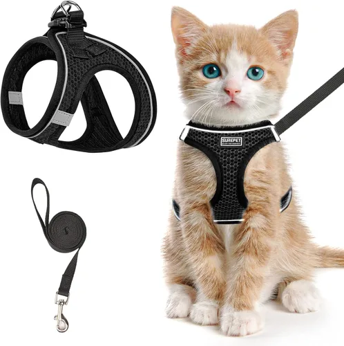 Arnés para gato y correa para caminar a prueba de escape, arnés ajustable para gatito tipo chaleco de malla suave reflectante para exteriores, Negro