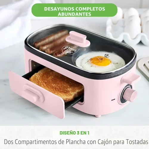 Miniatura 8 de Estación de preparación de desayuno 3 en 1 GreenLife, planchas duales antiadherentes de cerámica saludables para huevos, carne, salchichas, tocino