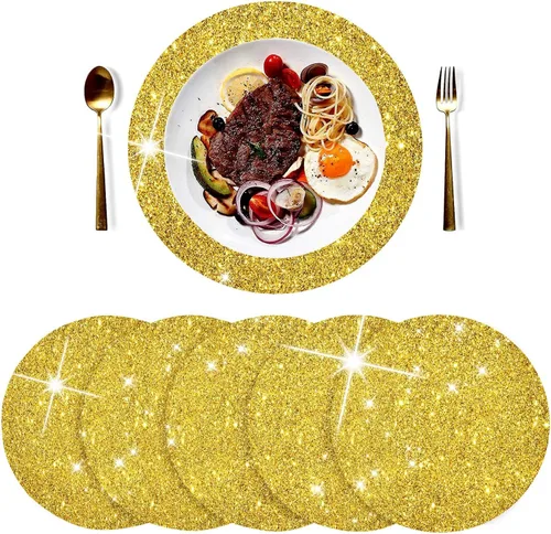 Miniatura 10 de Juego de 4 manteles individuales redondos de lentejuelas rojas con purpurina roja, juego de 4 manteles individuales de 15.4 pulgadas para cocina