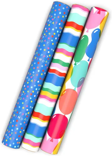 Miniatura 2 de Hallmark Mini rollos de papel de regalo de cumpleaños, paquete de 3 (rayas de arco iris, globos coloridos, lunares sobre azul) para graduaciones