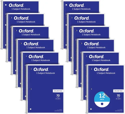 Oxford 65217 - Cuaderno de espiral, paquete de 12 unidades, a granel, 1 diario de tema, papel rayado universitario, 8 x 10-1/2 pulgadas, perforado