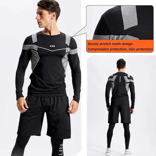 Miniatura 5 de BOOMCOOL Ropa de entrenamiento para hombre ropa de fitness para gimnasio correr pantalones de compresión para correr camiseta de manga larga Negro