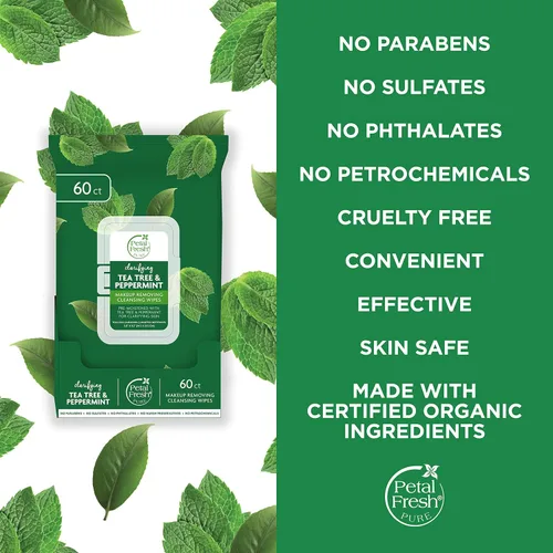 Miniatura 4 de Petal Fresh Eliminación de maquillaje de árbol de té y menta, toallitas limpiadoras, toallitas faciales suaves, limpieza diaria, vegano y libre