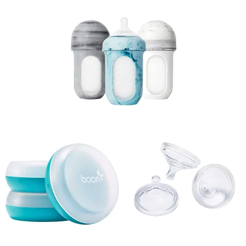 Boon NURSH - Biberones de silicona reutilizables y bollos de almacenamiento NURSH (paquete de 3), azul y blanco, 3 unidades (paquete de 1) y pezón