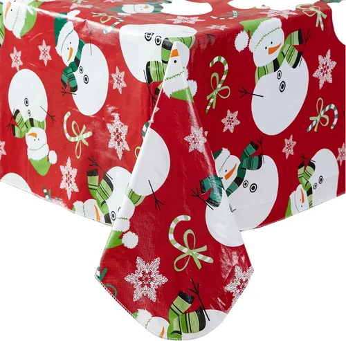Miniatura 8 de Newbridge Mantel de vinilo navideño con diseño de muñeco de nieve rojo con reverso de franela, bastón de caramelo y copos de nieve, mantel de vinilo