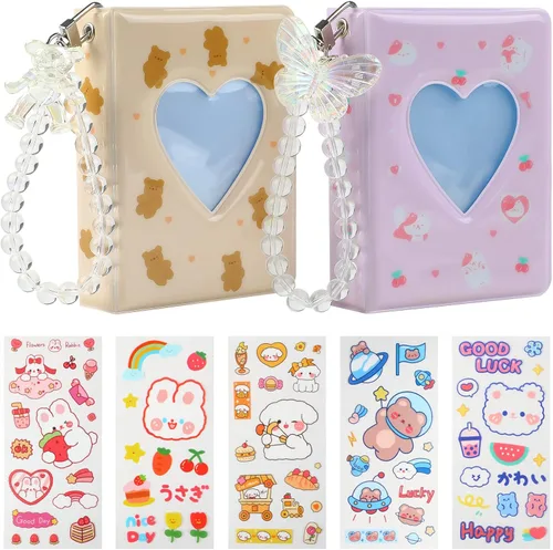 CCINEE Juego de 2 portatarjetas Kpop para tarjetas fotográficas, mini álbum de fotos Kpop con colgante de cristal y lindas calcomanías, corazón