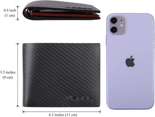 Miniatura 4 de VISOUL Billetera de cuero de fibra de carbono con bloqueo RFID para hombre con 2 ventanas de identificación cartera de cuero para hombre negro
